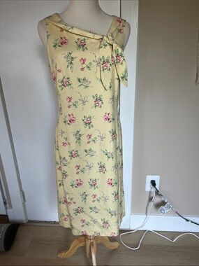 100% silk Laura Ashley Yellow Floral Tie-Neck Midi Dress
